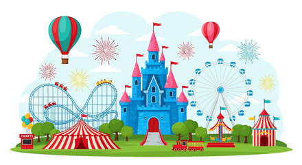 Obraz premium Colorful amusement park, cartoon castle, fairground rides, vector illustration