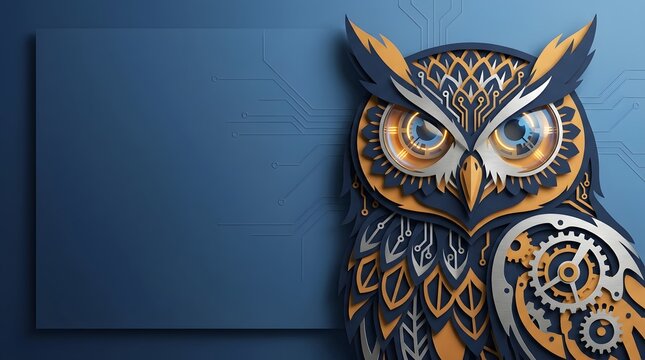 Intricate Steampunk Owl Artwork with Gears and Ornate Details on Blue Background.