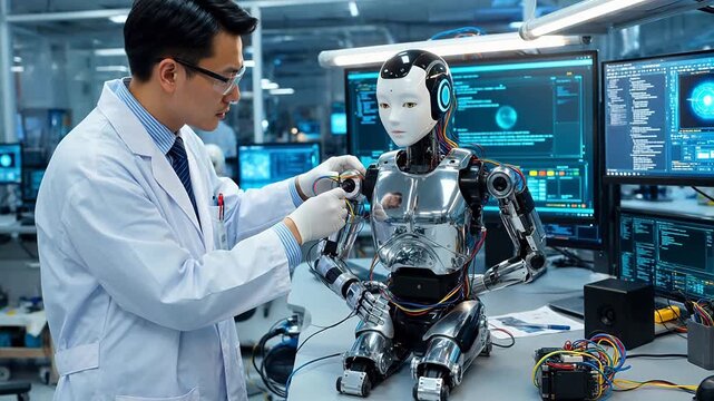ITプレゼンテーションやテクノロジーマーケティングに最適なヒューマノイドロボットを研究室で開発する男性