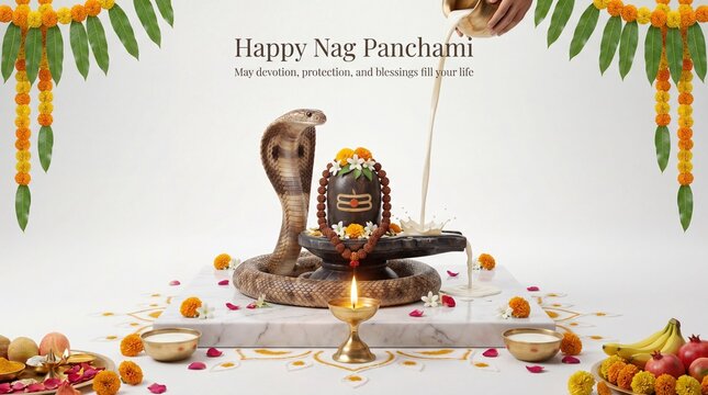 Traditional Indian festival Nag Panchami celebration with cobra deity and offerings of milk and flowers happy nag panchami