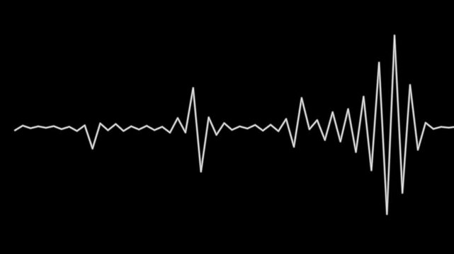 White Audio Waveform Animation on Black Background, Abstract Sound Pulse Spectrum Motion Graphics, Digital Audio Signal Wave Visualizer Loop
