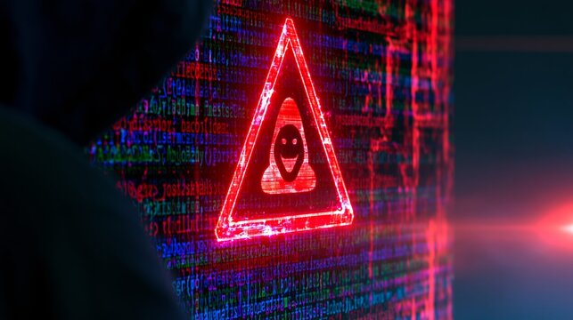 Cyber security alert showing hacker danger symbol on digital interface with glowing red data code background