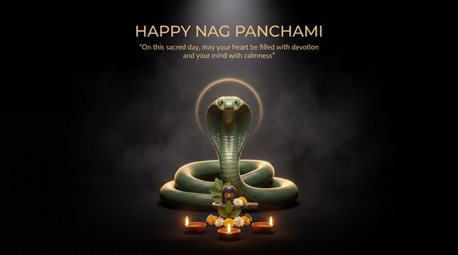 A green cobra coiled around a Shiva Lingam adorned with flowers and illuminated by diyas on a dark happy nag panchami happy nag panchami background with golden text