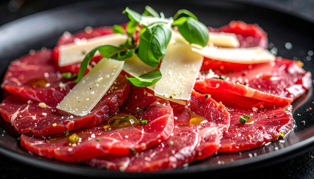 Elegant beef carpaccio with thin sliced raw beef, parmesan flakes and olive oil