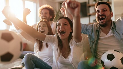 Obraz premium Friends cheering for favorite team, celebrating goal while watching exciting football match at home living room