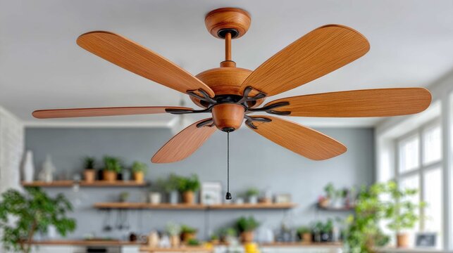Modern ceiling fan with wooden blades in stylish kitchen interior, featuring greenery and contemporary decor elements
