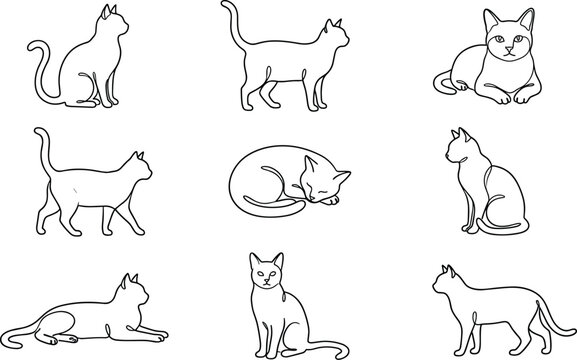 Minimalist continuous line art cat vector collection featuring domestic felines in sitting sleeping and walking poses isolated on white