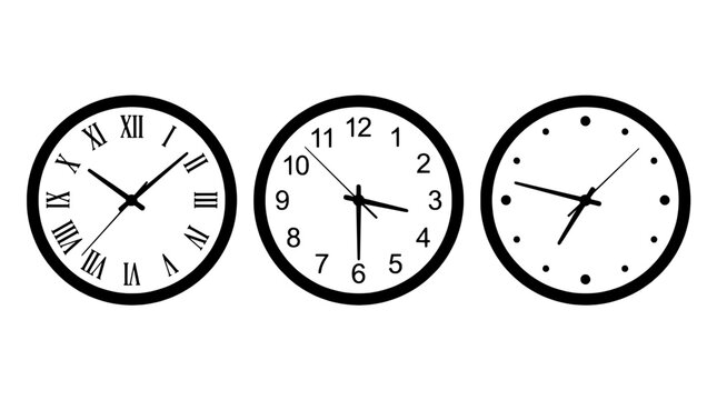 Clocks set with Roman numerals, Arabic numerals, and dot markers showing different times featuring time, analog, timepieces with watches and time