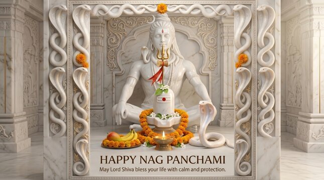 Lord Shiva statue in meditation surrounded by cobras and offerings in ornate temple setting with Nag Panchami greeting happy nag panchami happy nag panchami