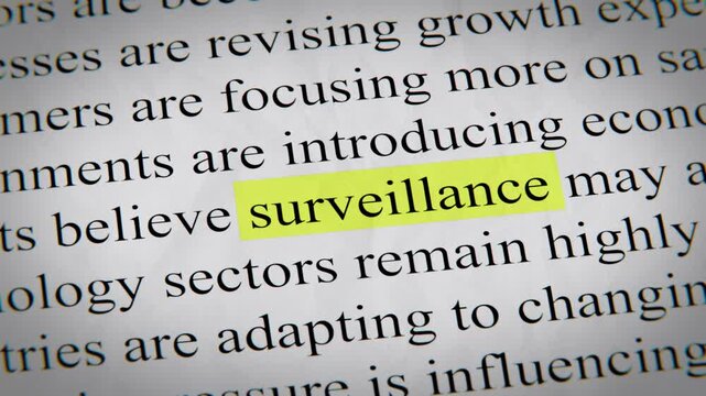 Minimal cinematic editorial surveillance text animation designed for documentary, economic, technology, and news-related storytelling.