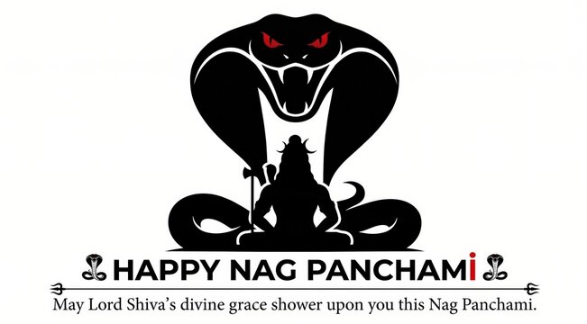 Silhouette of Lord Shiva meditating beneath a large happy nag panchami happy nag panchami black cobra with red eyes on a white background celebrating Nag Panchami