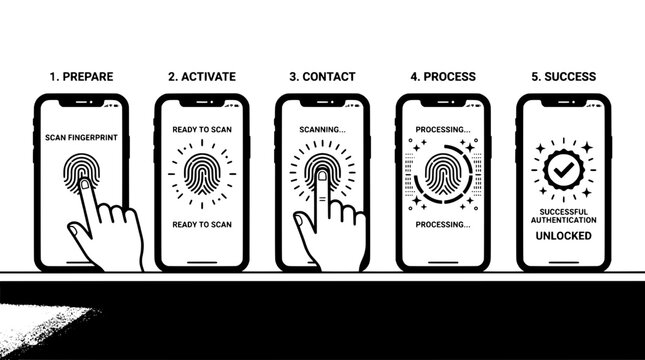 Fingerprint scanning process on smartphone with five step illustration featuring authentication, security, unlock with prepare and activate elements