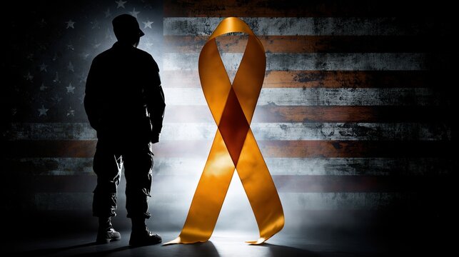 Soldier silhouette standing proudly before a distressed American flag, golden ribbon symbolizing veteran support and awareness