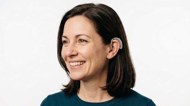 Woman smiles while wearing a discreet hearing aid device behind her ear against a clean white background, demonstrating modern technology for improved auditory health and communication in daily life.