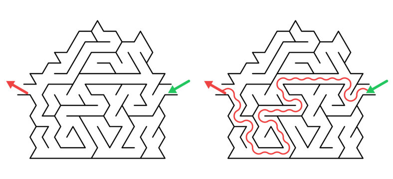 Maze design with paths highlighted and instructions for solving  