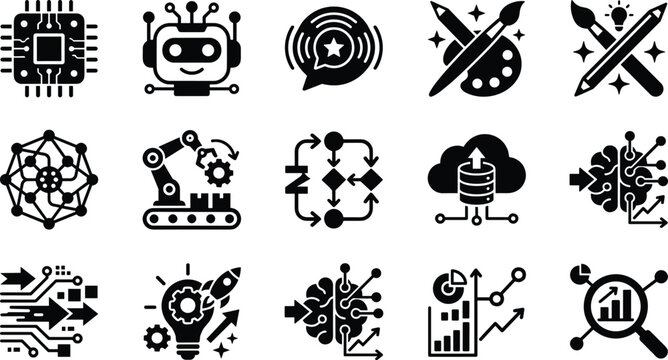 Artificial Intelligence and Automation Solid Icon Set with Neural Networks, Digital Art Generation, Chatbots, Data Servers, and Business Analytics Symbols
