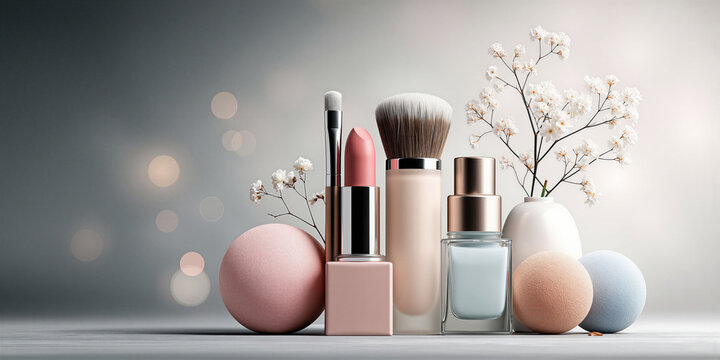 Beauty essentials display. Stylish flatlay featuring cosmetics and accessories in soft hues