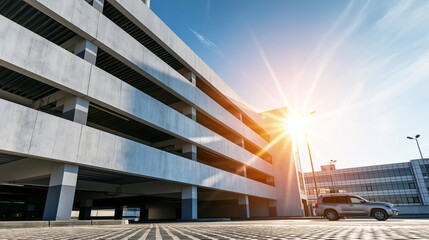 Naklejka premium Modern multilevel parking structure with concrete facade and cars under bright sunlight, urban infrastructure