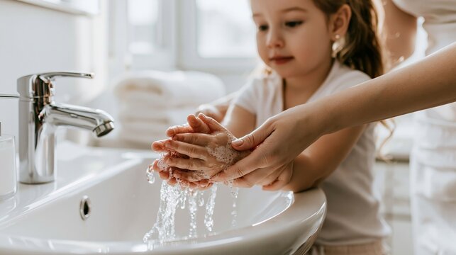 Parent helping child washing hands with soap and water, teaching hygiene routine for health and cleanliness