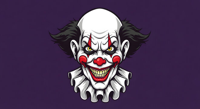 Creepy evil clown character design, ideal for a spooky background. This unique vector illustration is perfect for horror marketing, distinctive logo creation, and captivating graphic design projects