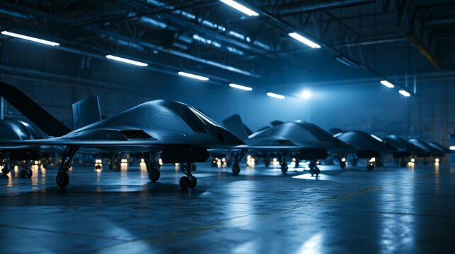 Futuristic military drones lined up in a dark hangar, advanced stealth aircraft ready for defense operations