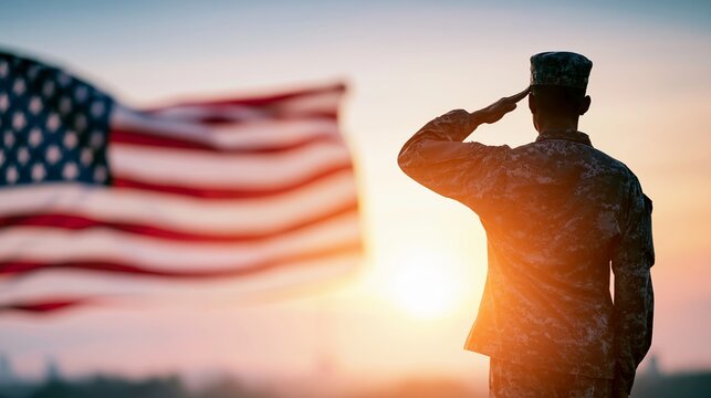 Soldier saluting an American flag during sunset honoring patriotism, remembrance, and military service