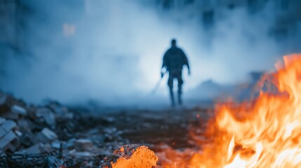 Fototapeta premium Solitary armed soldier walking through urban ruins at night, fire burning, smoky battlefield with blue light