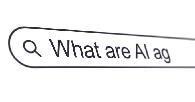 Typing phrase What are AI agents into search box, looking for artificial intelligence tools for different purposes, search bar close-up, footage
