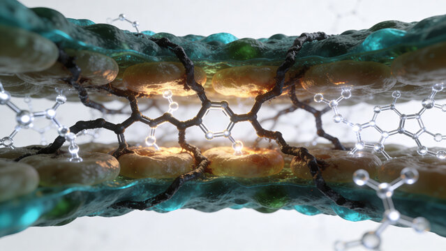 Aromatic hydrocarbon molecules penetrating lipid bilayer, oil pollution cross section illustration