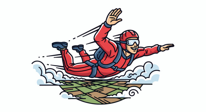 Cartoon style depiction of a person in a red suit skydiving with goggles and a backpack over a quilted land pattern