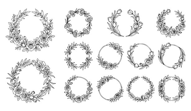 Whimsical doodle Mother's Day flower wreath vector collection with cute hand drawn daisies and playful heart sketches
