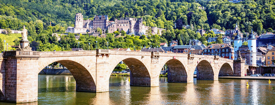 The Old Bridge and Heidelberg Castle in Heidelberg, Germany. The Bridge is known as the Karl Theodor Bridge.