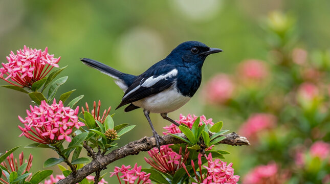 Majestic Oriental Magpie-Robin Perched on Blooming Pink Ixora