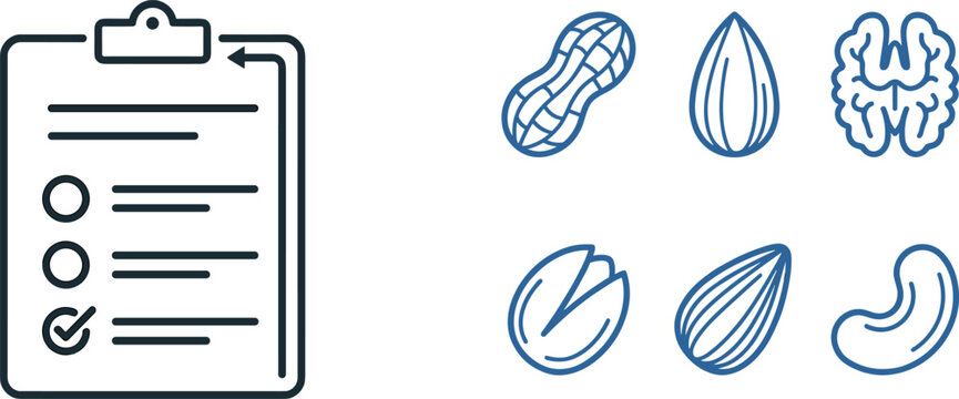 Set of Black and Blue Vector Icons Featuring Checklist, Clipboard, Nuts, Seeds, Peanut, Almond, Walnut, Cashew, Pistachio, Sunflower Seed, Food, Nutrition, and Health Symbols for Digital Designs