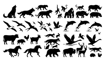 Wild Forest Animals and Flying Birds Black Silhouette Vector Illustration Collection Set © Boloram