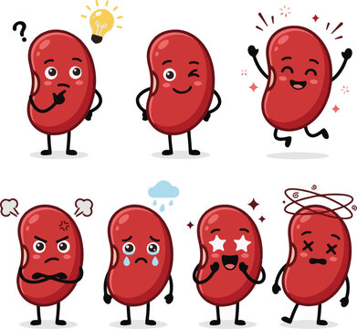 Red bean cartoon character set. Kidney bean mascot with various emotions. Thinking, winking, happy, angry, sad bean vector collection. Flat design vegetable mascot icons. Healthy legume character 