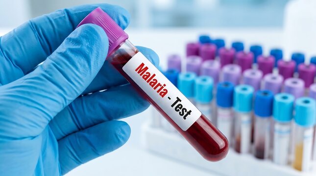 Scientist holding test tube with blood for malaria test in laboratory