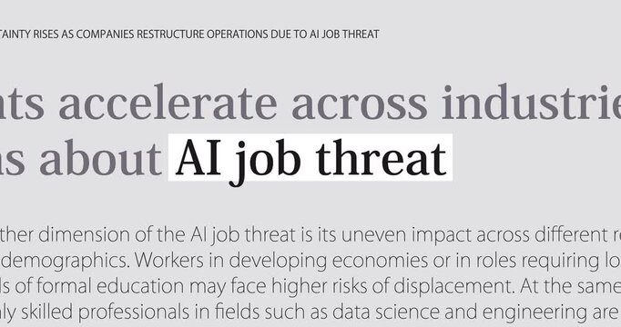 AI job threat and AI-driven job loss, mass media AI job risk discussion, changing news headlines sequence across media, loop footage