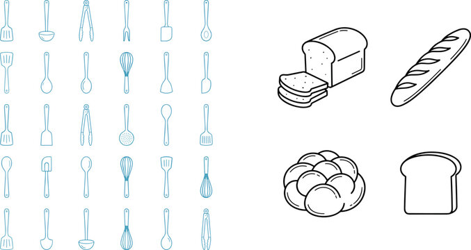 Set of Blue and Black Vector Icons Featuring Kitchen Utensils, Spoons, Forks, Knives, Ladles, Spatulas, Loaf, Baguette, Braided Bread, and Bakery Symbols for Digital Designs