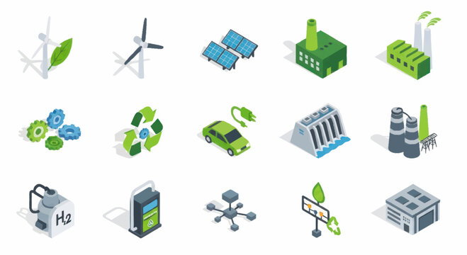 Isometric illustrations of renewable energy sources and sustainable technologies.