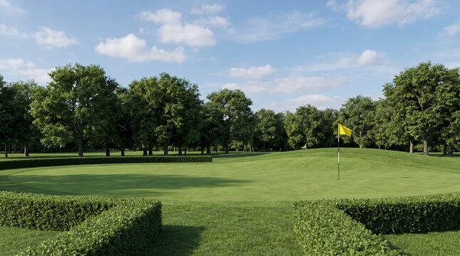 Beautiful sunny golf course landscape featuring a vibrant green putting area with a yellow flag pole