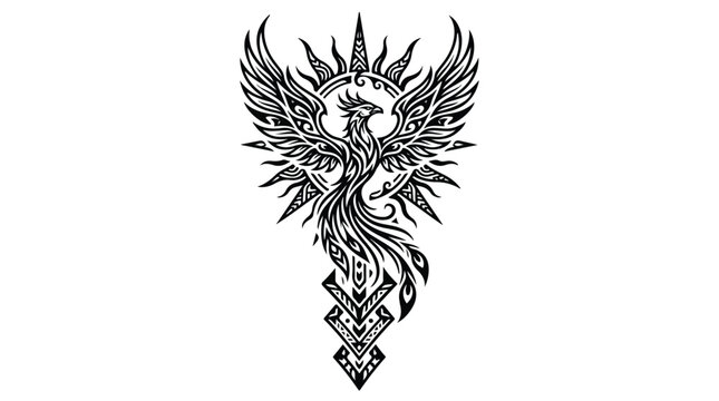 Intricate black and white tribal phoenix tattoo design featuring detailed feathers and symmetrical patterns