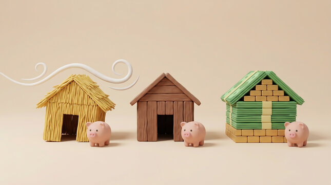 3D clay illustration of the Three Little Pigs fable, showing houses made of straw, wood, and gold bars with money roof. Concept art for financial stability and investment security.