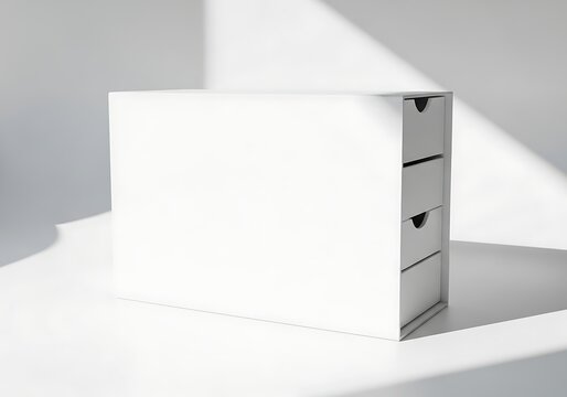 Isolated empty white paper drawer storage box for desk organization and stationery supplies in minimalist style