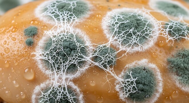 Microscopic view of fungal hyphae network on organic surface