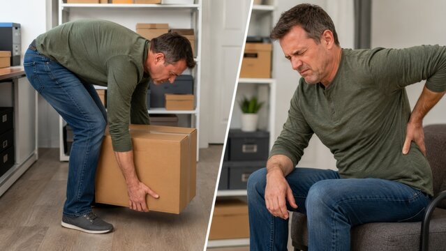 Lifting heavy box without proper technique leading to back pain