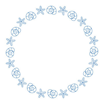 Round wreath frame made of blue sea shell outlines and starfish. Minimalist marine border for invitations and summer design. Flat vector line art
