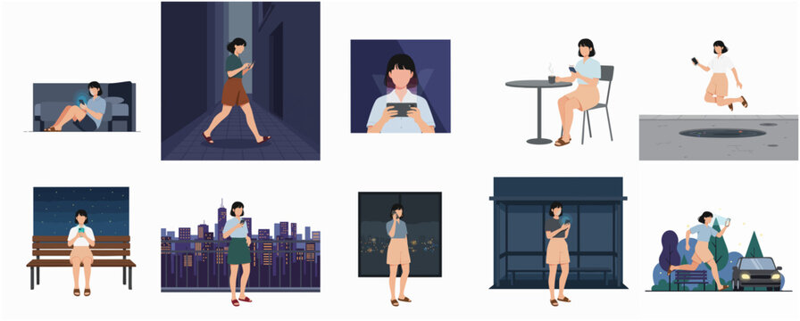 Young Woman Addicted to Smartphone in Various Daily Nighttime Situations, Digital Lifestyle Flat Illustration Set