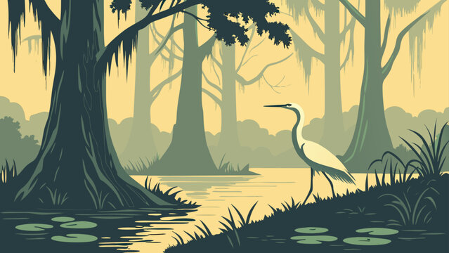 Stylized vector landscape of a white egret in a cypress swamp bayou