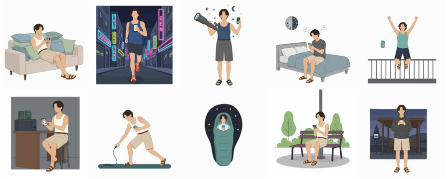 Vector illustration set of a young man addicted to his smartphone in various daily life situations and activities